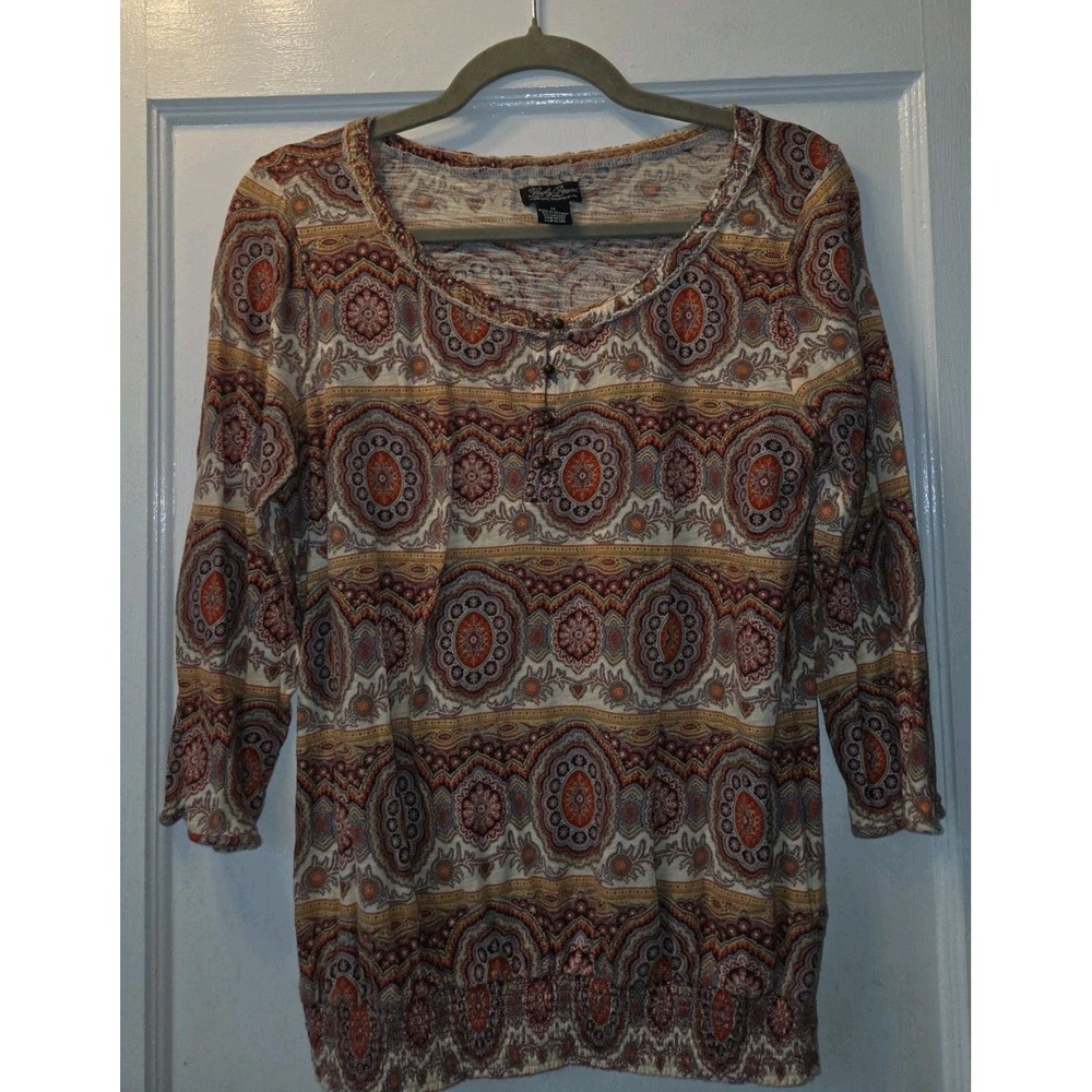 Lucky Brand Multicolor Paisley Knit Scoop Neck 3/4 Sleeve Button Top M
